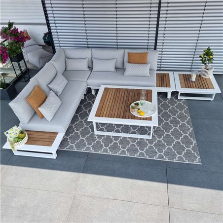 ICM garden lounge muebles de exterior Cannes aluminio Teca blanco Conjunto de módulos lounge ICM garden lounge muebles de exterior Cannes aluminio Teca blanco Conjunto de módulos lounge